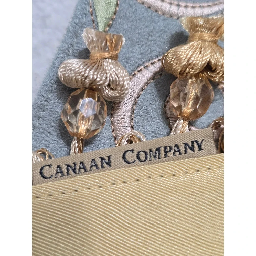 Canaan Company Sage Green Faux Suede Embroidered Floral Beaded Tassel Table Run